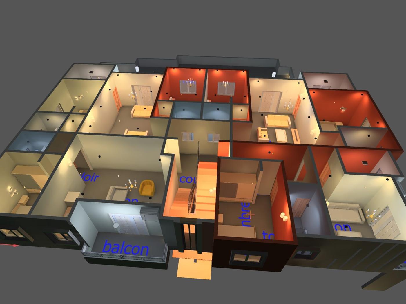 Projet d'éclairage par pièce en vue 3D
